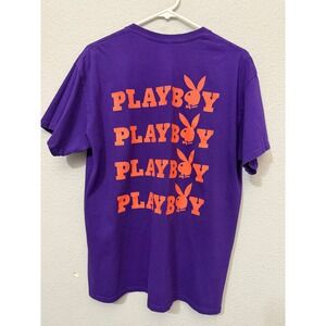 Playboy Mens Tee L Purple‎ Graphic T-Shirt Orange Rabbit Logo Stacked Back Print